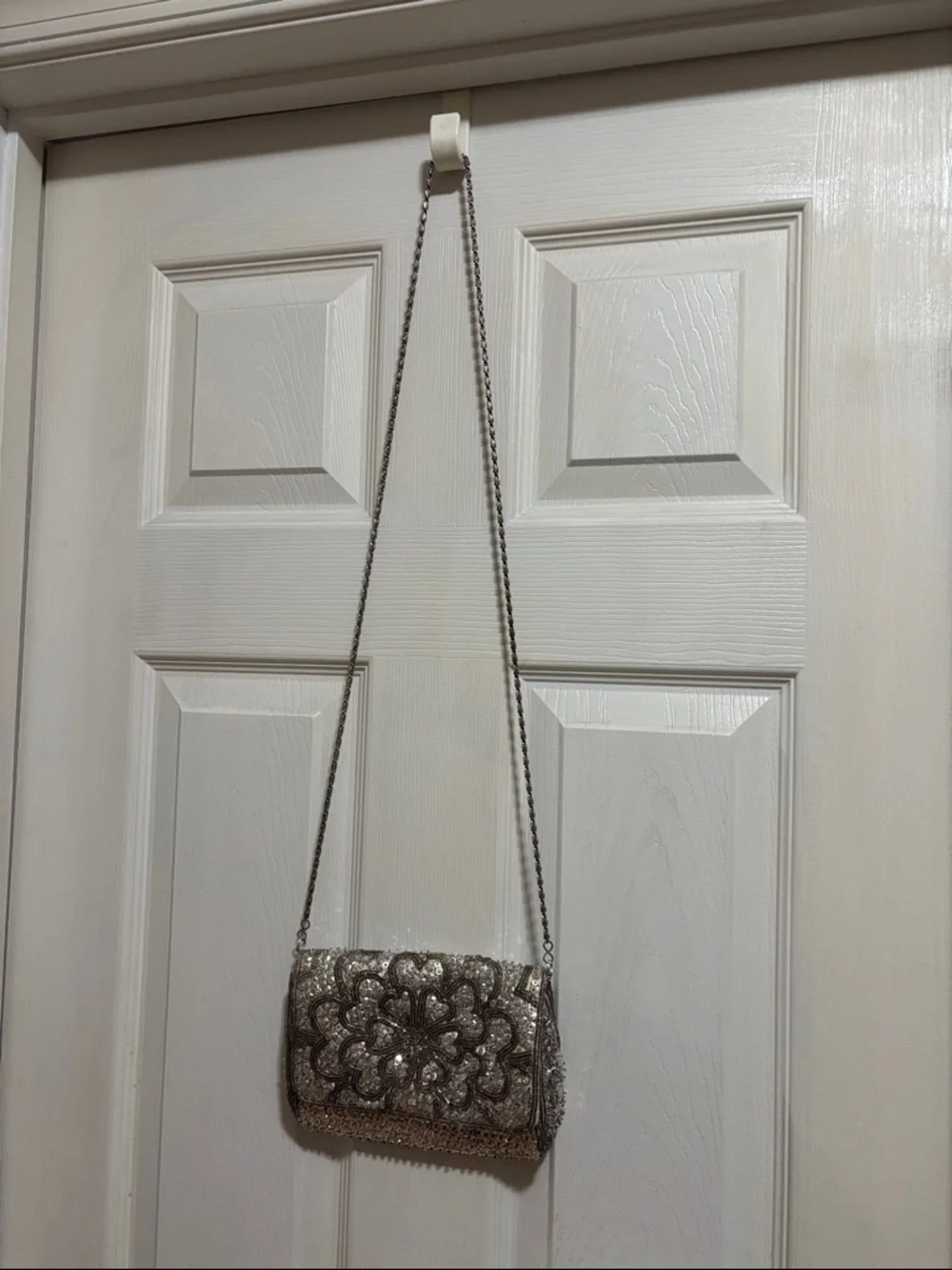 Silver Sequin Floral Evening Crossbody Bag
